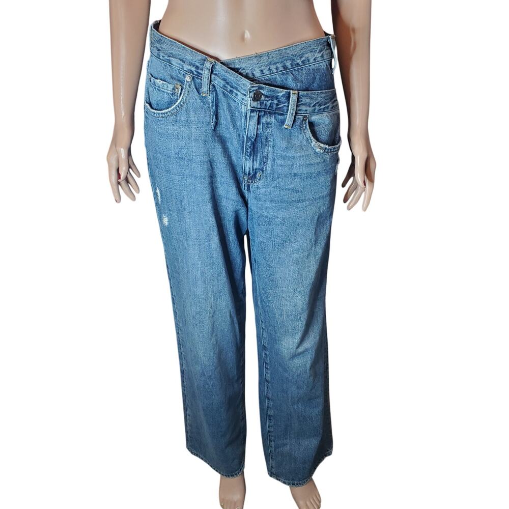 Pistola Bobbie Jeans 27 (29x29.5) Crossover Waist High Rise Wide Leg Distressed